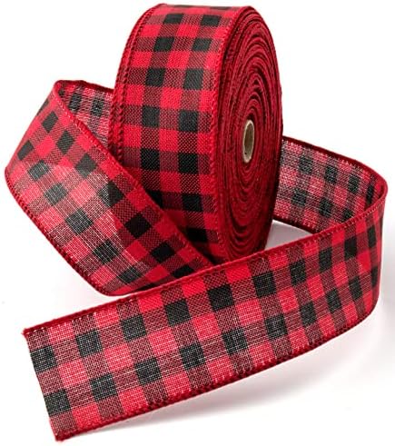 2in Red and Black Buffalo Plaid Ribbon 30Yards Fabric Plaid Burlap Ribbon Christmas Wired Ribbon Ribbon for Christmas Tree Decoration,DIY Crafts Decoration,Home Deor