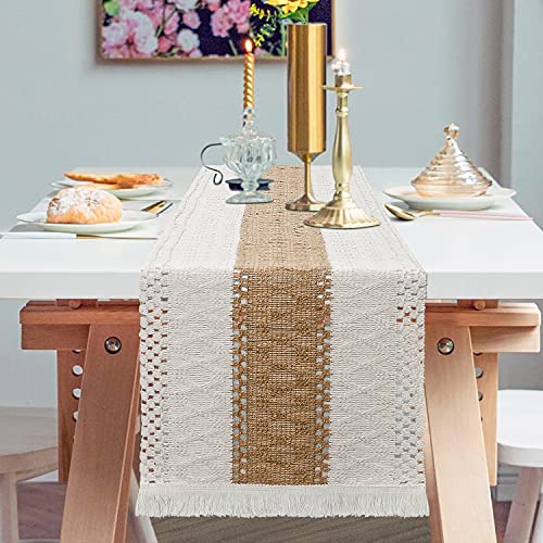 Betylifoy Macramé Épissage Ferme Chemin de Table Coton Rustique et Jute Tissé Nappe Chemins de Table Bohème pour Fête de Mariage Café Table à Manger Décor (Beige, 30x180cm) Cover