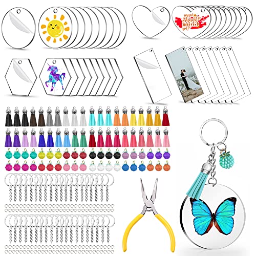 Myzzxt 281 PCS Acrylic Keychain Blank Kit, 4 Shapes of Acrylic Clear Blanks, Key Rings, Tassels, Raspberry Decorations, Jump Rings and Craft Pliers for DIY Keychain Vinyl Crafting