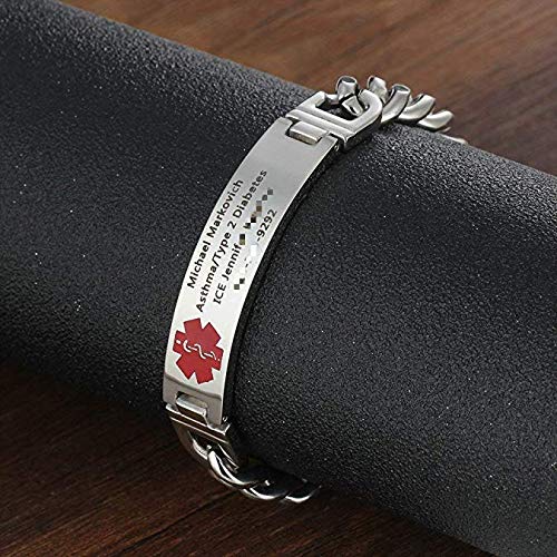 Fenfang Personalized Emergency Medical Bracelets For Men Women For 7.5 To 8.5 Inches Free Engrave Medical Id Bracelets For Men Women Tag Stainless Steel Medical Alert Bracelets (7.5 Inches For Women) #TOP3