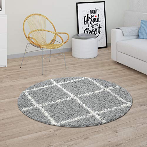 Paco Home Hochflor Teppich Wohnzimmer Shaggy Skandi Modernes Rauten Muster Grau Creme, Grösse:Ø 160 cm Rund