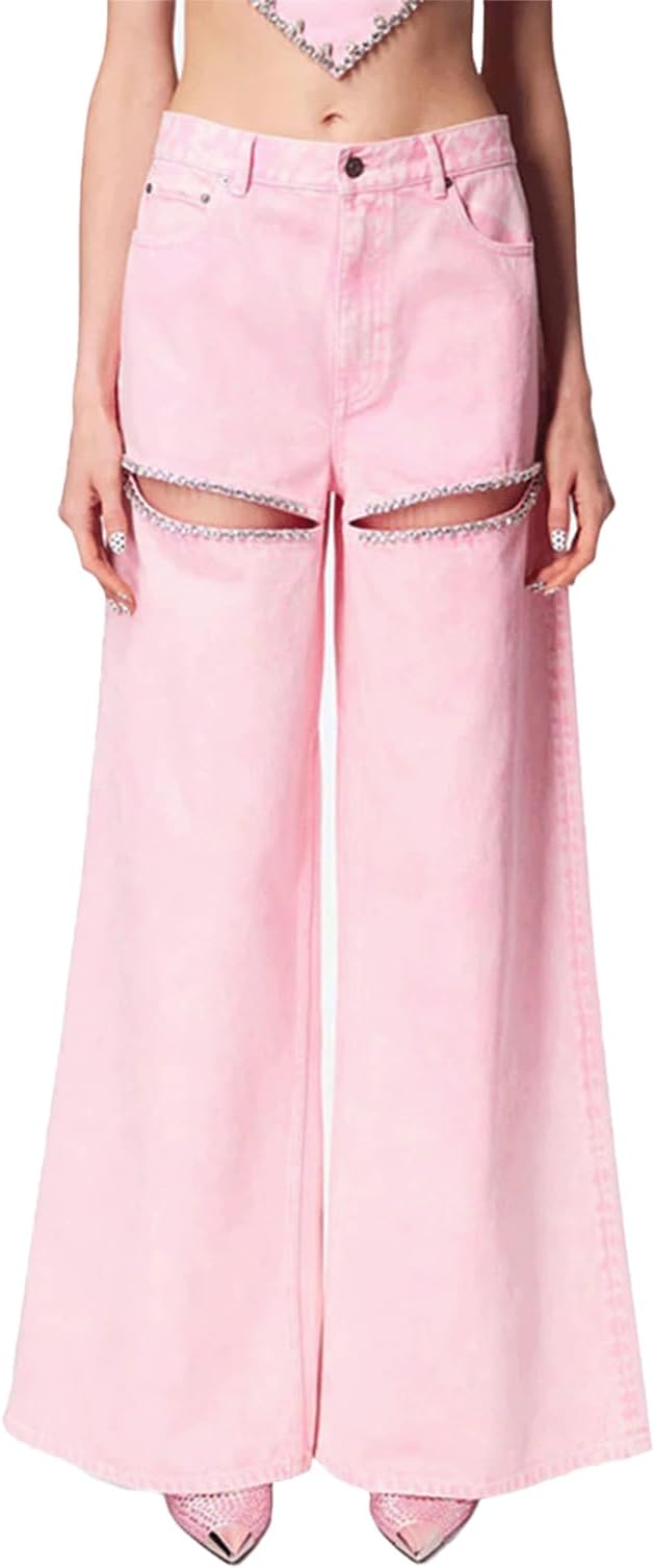 Rhinestone Jeans for Women Wide Leg Cut Out Coquette Denim Pants Heart Back Vintage Retro Pant