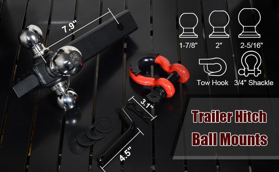 trailer hitch tri-ball mount with hook&pin&rotatable tow shackle,fits 2-in receiver with 1-7/8-in,2-in,2-5/16-in hitch ball