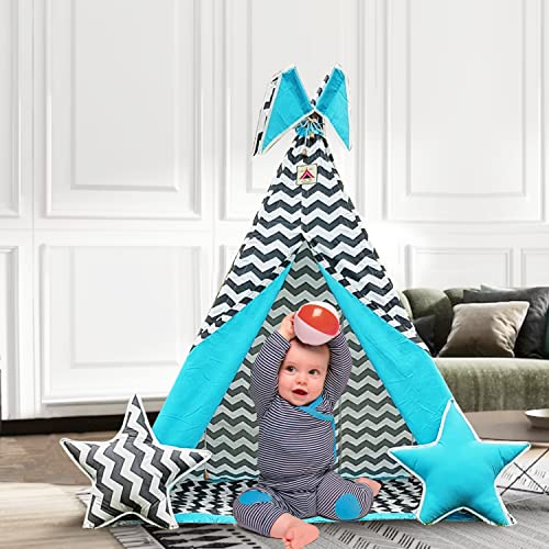 Play Tents Teepee Play Tent with Cushions Mat Flags&Windows,Assemble&Portable,Foldable Design&Lightweight,Play Tents for Kids Age 10 to 12 Yrs (Color-Blue/Grey,Fabric- Cotton), 1 Tent House Theme