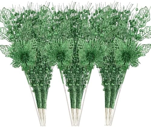 24 Pack Christmas Tree Ornaments - Artificial Flowers Glitter Berry Stems Christmas Floral Picks Branches for Xmas Tree Decorations Vase Filler Holiday Wedding Party Home Decor (Green)