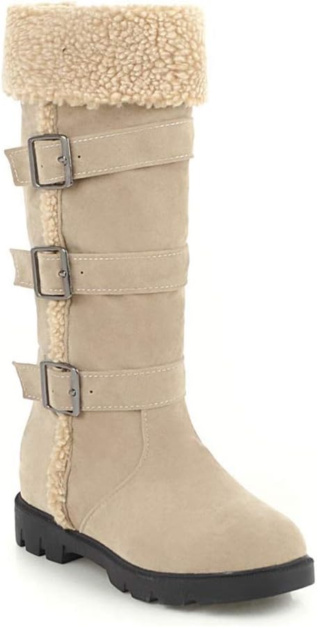 MIOKE Women's Winter Fur Mid Calf Snow Boots Waterproof Suede Buckle Quilted Slip On Wide Warm Snow Boot
