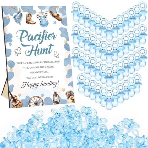 Image of Thyle 51 Pcs Cowboy Pacifier Hunt Baby Shower Games Boys Include Hunt Sign and 50 Acrylic Pacifiers for a Little Cowboy Is on The Way Theme Baby Shower Game Decoration for Gender Reveal Party Decor