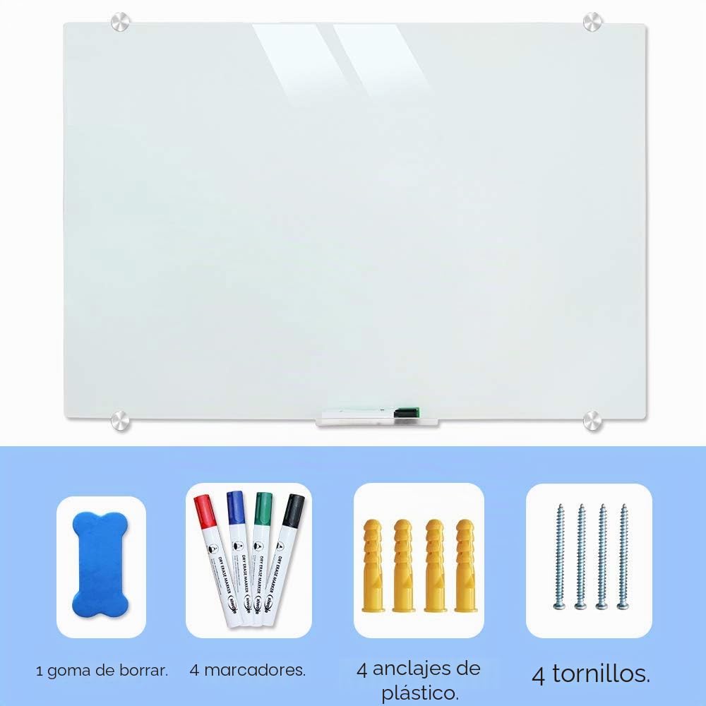 XIWODE Pizarra magnética de cristal de borrado en seco, 90 x 60 cm, pizarra blanca de cristal templado, sin marco, superficie blanca esmerilada