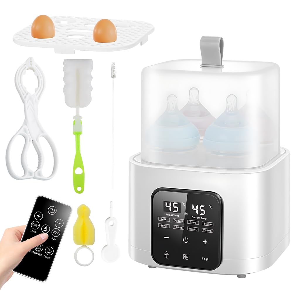 Bottle Warmer, 6 in 1 Steriliser for Baby Bottles, Fits 4 Bottles, Baby Food Warmer, Bottle Warmer and Steriliser with LCD Digital Screen and Remote Control, 48H Keep Warm