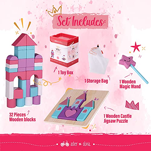 Large Building Wooden Blocks For Babies And Toddlers- 1-3 Years With Princess Castle Wooden Jigsaw Puzzles & Wand- Educational Montessori Fairytale Building Blocks For Toddlers #TOP1