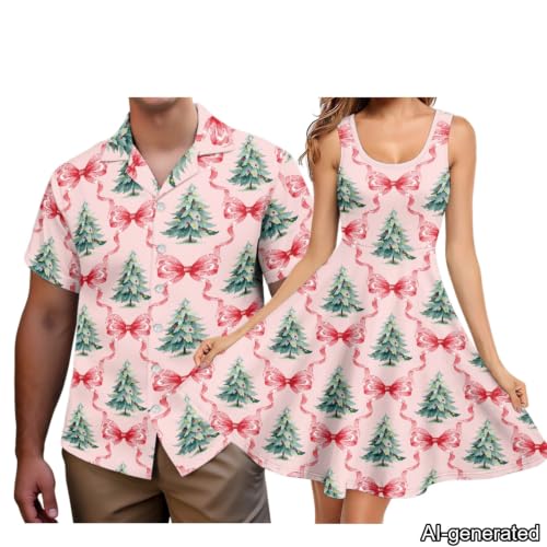 Image of Dreaweet Summer Dresses for Women A-Line Sleeveless Flowy Sun Dresses,Men's Casual Button-Down Shirts,Couple Matching Outfits