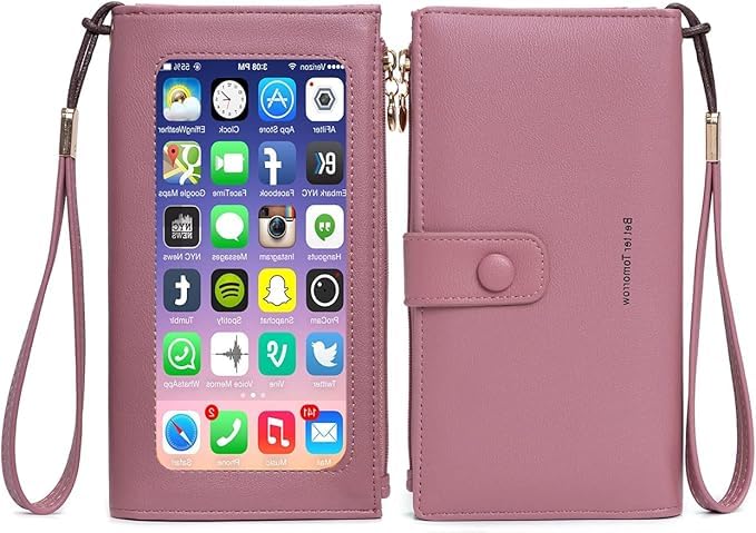 Image of myfriday Touch Screen RFID Phone Crossbody Purse with 2 Straps for Women | Clear phone window, RFID card space, 11 slots and zip pockets support quick calls, errands, theme parks and travel
