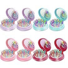 ONLYFU 8 Pack Mini Hair Brush with Mirror, Folding Compact Brushes with Soft Nylon Bristles Travel Pocket Comb for Women Girls, Round Red, Blue, Purple, Pink
