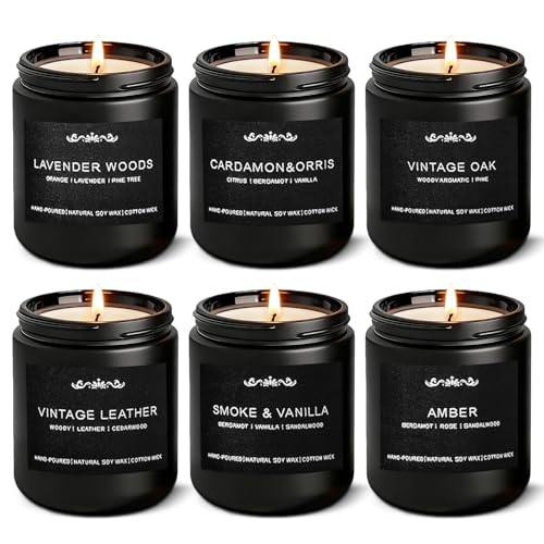 Scented Candles for Men, 6 Pack 42oz Soy Candles with Lavender/Leather/Oak/Smoke Vanilla/Cardamom&Amber, 300 Hour Burn Time, Non-Toxic Aromatherapy Gift Set for Men, Him, Home Office Man Cave Decor