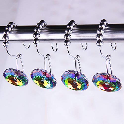 Rustproof Stainless Steel Decorative Shower Curtain Hooks Double Glide Shower Curtain Rings With Acrylic Crystal Rhinestones To Hang Curtain And Liner At Same Time, Set Of 12 (Multi) #TOP1