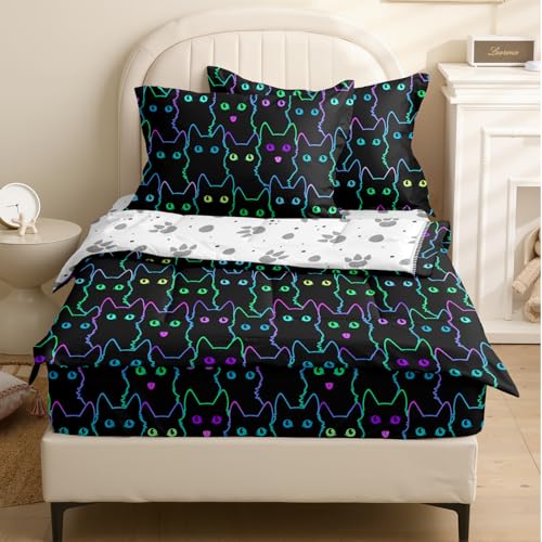 Image of Kids Comforter Set,Zipper Bedding Twin for Teen,Black Cats Printed Comforter Set with Paw Fitted Sheets and Pillowcases for All Season(Cats-C)