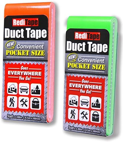 RediTape Travel Size Duct Tape Colors 2-Pack (Fluorescent Orange & Fluorescent Green) - Pocket Size Flat Mini Roll - for Repairs Outdoors Emergency Crafts - 1.88 inch x 5 Yards per Pack