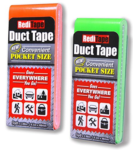 Reditape Travel Size Duct Tape Colors 2-Pack (Fluorescent Orange & Fluorescent Green) - Pocket Size Flat Mini Roll - For Repairs Outdoors Emergency Crafts - 1.88 Inch X 5 Yards Per Pack #TOP5