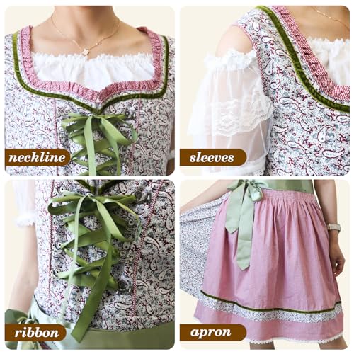 Mukum 3 Pieces Dirndl Dresses Women Oktoberfest Outfits Women Cotton German Costume Traditional Beer Carnival Outfit for Bavarian Oktoberfest X-Large Pink - Thumbnail 5