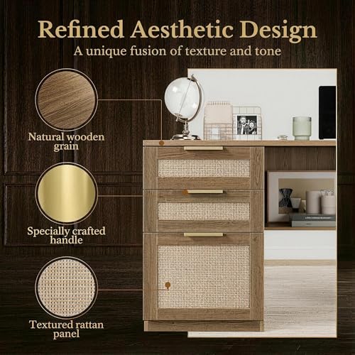 Image of 63 Inches L Shaped Electric Standing Desk, Executive Height Adjustable Desk with Drawers and File Cabinet, AC /USB, 1.18 inch Desktop and Privacy Panel for Home Office, Natural Oak