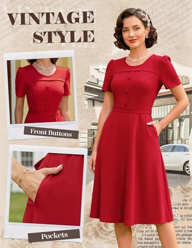 Image of Wedtrend 1950's Vintage Dresses for Women Modest Church Dress with Pockets Short Sleeve Tea Party A-Line Cocktail Dresses