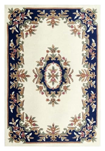 Image of Hand-Tufted Wool Carpet for Living Room 6x8 feet Ivory Blue Traditional Design Anti-Skid High Pile Thick Carpet & Rugs for Bedroom & Hall