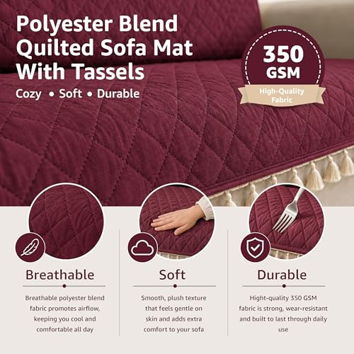 Image of Lukzer Quilted Sofa Cover Mat with Tassels for 3 Seater Sofa - Cranberry Red | Soft Washable Anti-Slip Protector for Living Room | Furniture Cover for Back-Seat Slipcover 180X150CM / SC-194-3T
