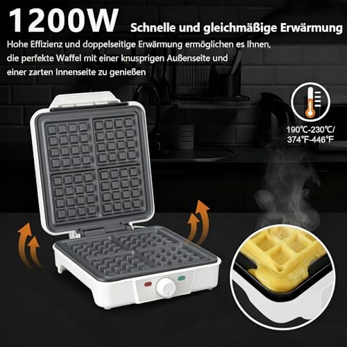 VINATO Waffle Maker, Macchina Waffle per 4 Waffel, 1200W Calore Rapido e Stabile, Piastra Waffle con Rivestimento Antiaderente Delle Piastre Riscaldanti, Regolazione Continua Della Temperatura, Bianco - immagine 4
