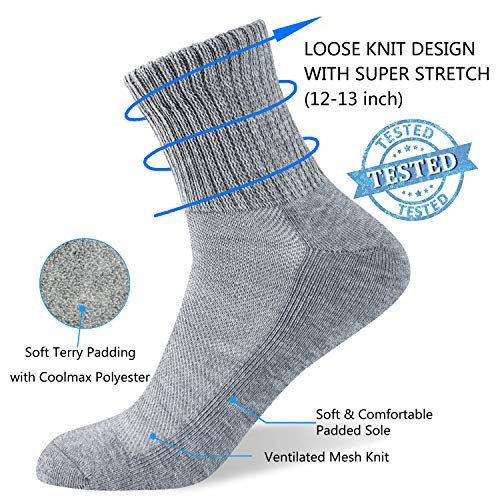 Well Knitting Diabetic Socks for Men & Women, Coolmax Medical Circulation Crew Mid Calf Socks with Seamless Toe, Non-Binding Top, and Padded Sole, 4 Pairs (Grey,XL)