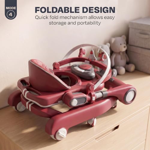 Image of Baybee Walker for Kids for 6 to 18 Months with Push Mode, Kick Play Music, Height Adjustable, Foldable Design, Musical Toy Panel and Food Tray, Walking Supporter for Baby (Red)