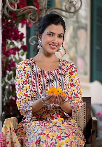 Image of MIRCHI FASHION Women's Straight Fit Pure Cotton Jaipuri Floral Printed Sequins Thread Work Kurta Set with Dupatta and Trouser