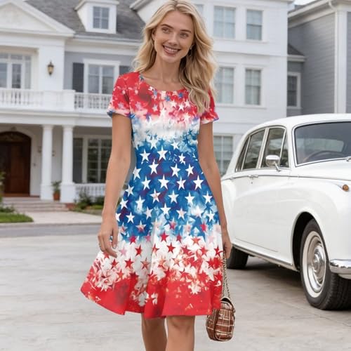 Image of HUGS IDEA Womens Puffy Swing Midi Dress Round Neck Short Sleeve Party A-Line Dresses