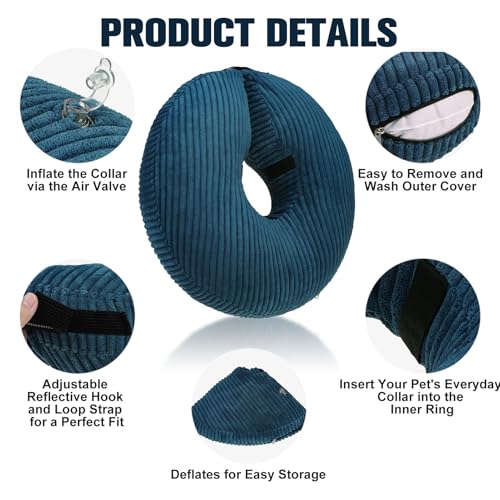Image of BINGPET Inflatable Dog Cone Collar Alternative After Surgery,Soft Recovery Cone for Dogs to Stop Licking,Dogs Blow up Protective Neck Donut ECollars Adjustable for Large Medium Small Pet, Navy Blue L