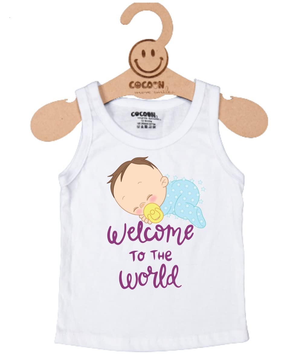 Cocoon OrganicsWhite Welcome to The World Print Ultra Soft Organic Cotton Vest Tee T-Shirt Innerwear Unisex Baby Wear for Newborn and All Other Size Babies