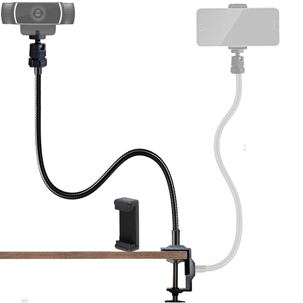 Upgraded Webcam Stand Phone Holder 27" Adjustable Gooseneck Desktop Camera Desk Guard Clamp Mount for All Cellphones, Logitech Webcam C925e C922 C930e C930 C920 C615, Etc. (1/4" Threaded)