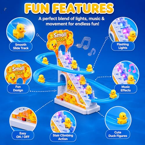 Image of Duck Slide Toy Set | Automatic Stair Climbing Duck | Toy with Lights & Music for Kids, Fun Cartoon Track Set for Boys & Girls