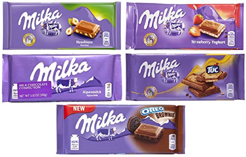 Milka European 100g Chocolate Bars Variety Pack - Hazelnut, Strawberry, Tuc, Oreo Brownie, & Alpine Milk
