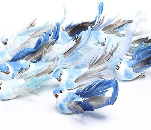 Factory Direct Craft Group of 12 Colorful Blue Ombre Faded Artificial Mushroom Birds with Fancy Feathered Tails for Crafting, Creating and Displaying