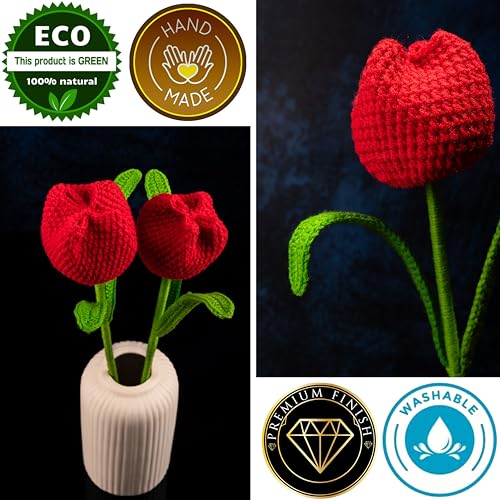 Image of Tulip Crochet Flowers | Handcrafted Artificial Faux Woolen Flower with Long Stem | Natural Looking Knitted Flower for Home, Living Room, Vase & Bouquet Decoration & Gifting | Red- 2 Pcs