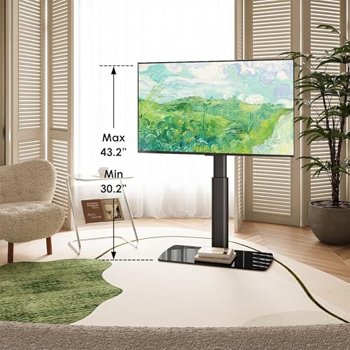 Image of FITUEYES Universal TV Stand Mount for 43-80 85 inch TVs, Swivel Tall TV Mount Stand, Table Top TV Stand Base Replacement, Height Adjustable TV Table Stand, Glass Base, Max Holds 110lbs