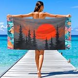 Toalla de playa genérica antiarena de secado rápido 170 cm x 90 cm natural sereno toalla de playa microfibra paisaje silueta puesta de sol bosque niebla absorbente supermanta de playa