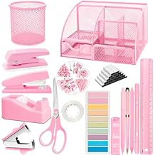 Pink Office Supplies, 17Pcs Pink Desk Accessories Set Include Stapler, Mesh Desk Organizer, Tape Dispenser, Staple Remover, Pen Holder, Clips, Pens, Ruler, for Office Home School Women Students Gift