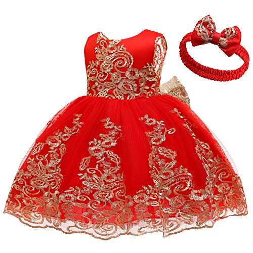 Cmmchaah Princess Girls Lace Embroidery Bow Toddler Dresses Cute Sleeveless New Year Prom Dresses For Baby (Red02,110) #TOP1