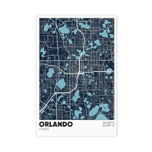 HEOVI Orlando Map, Florida, FL Canvas Poster Wall Art Bedroom Decor Office Room Kitchen Decor Gift Unframe-style 20x30inch(50x75cm)