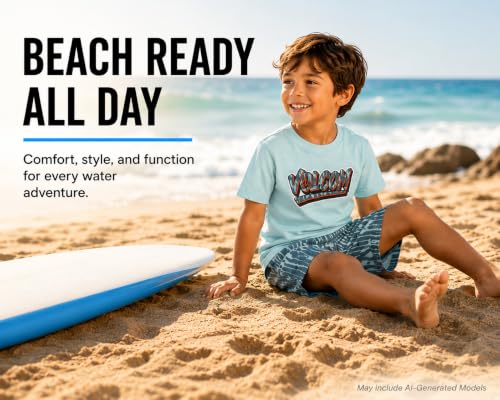 Image of Volcom Baby Boys Swim Set - 2 Piece Short Sleeve Swim Shirt Graphic Tees & Board Shorts - Infant Toddler Little Boys Swimsuit