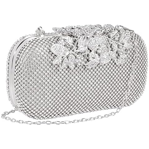 ELEOPTION Women Crystal Diamond Evening Bag with Detachable Chain Chic Leaves Clasp Clutch Diamante Clutch Bag Ladies Sparkly Rhinestone Purse Wallet Handy Bag Party Bridal Prom Wedding, Sliver Cover