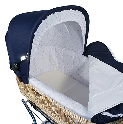 EICHHORN Weidenkorb Kinderwagen Korb Weiß Stoff Marine