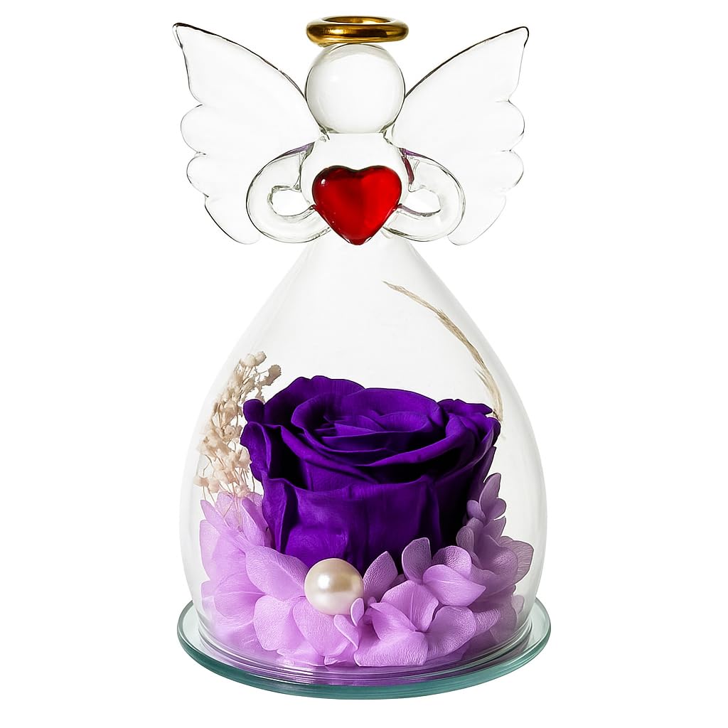 Eternal Preserved Purple Rose in Glass Angel Figurine – Guardian Angel Ornament with Red Heart & Halo, Long Lasting Real Rose Keepsake, Romantic Home Décor & Memory Gift