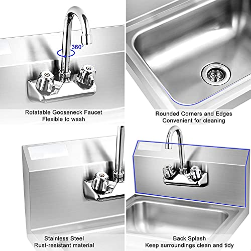 Petsite Stainless Steel Hand Wash Sink With Faucet, Commercial Wall Mount Sink For Home Kitchen 17 X 15 Inch #TOP3