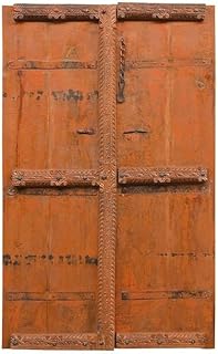 Vintage Teak Wood Carved Door With Nailheads Rustic Wall Decor | Antique Handmade Farmhouse Style Solid Wood Wall Hanging